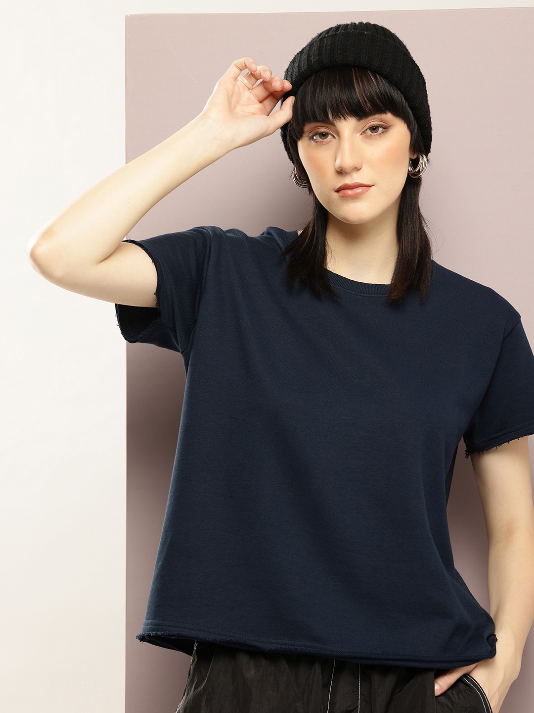 

DILLINGER Women Ultra Soft Drapey Cotton Crew Neck Boxy T-Shirt, Navy blue