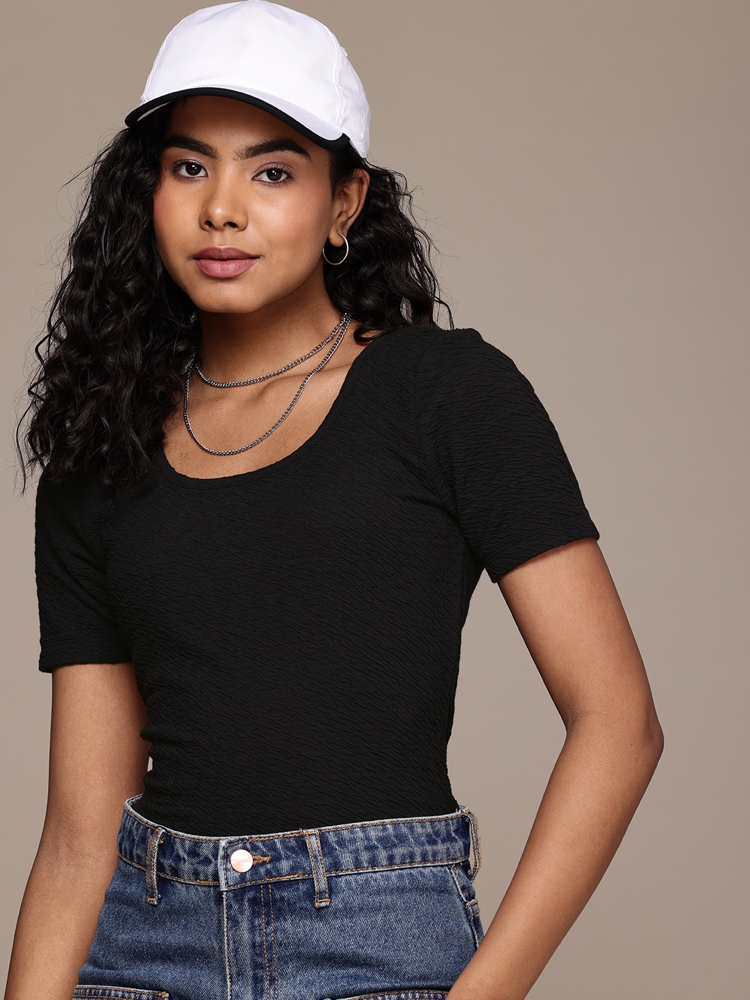 

Roadster Women Textured Regular Fit Casual Top, Black