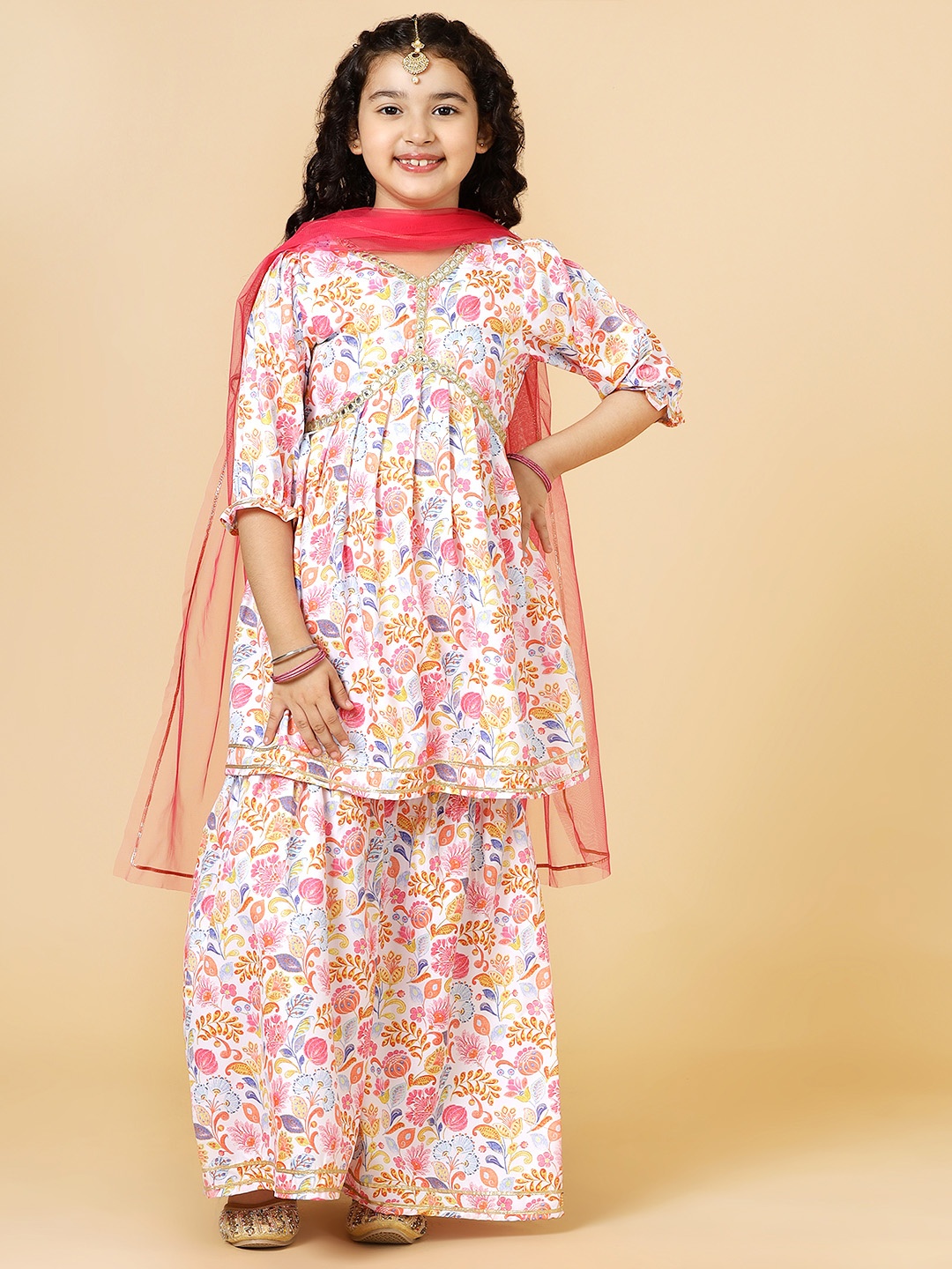 

A.T.U.N. Girls Floral Printed Puffed Sleeves Anarkali Kurti With Sharara & Dupatta, Pink