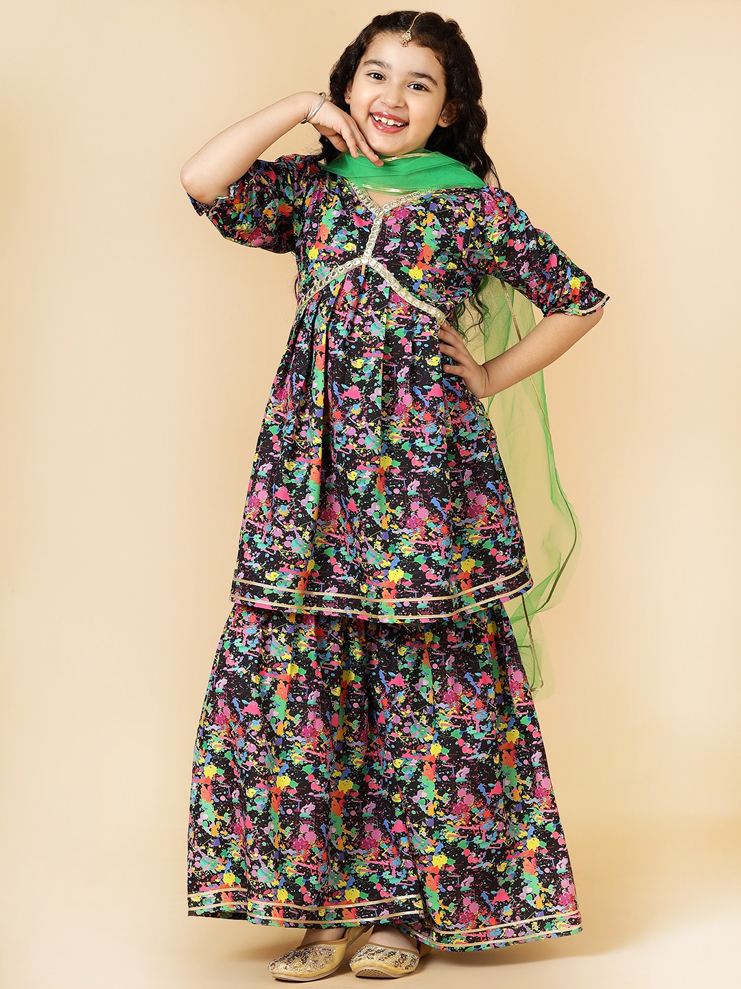 

A.T.U.N. Girls Floral Printed Puffed Sleeves Anarkali Kurti With Sharara & Dupatta, Black