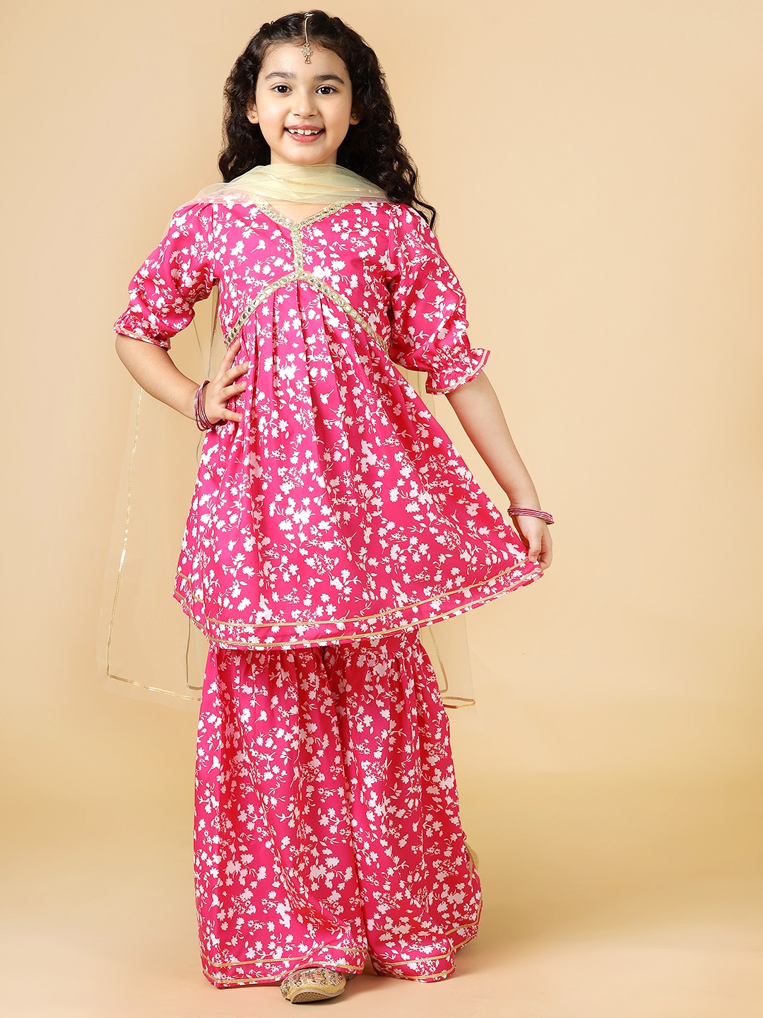 

A.T.U.N. Girls Floral Printed Mirror Work Anarkali Kurta with Sharara & Dupatta, Fuchsia