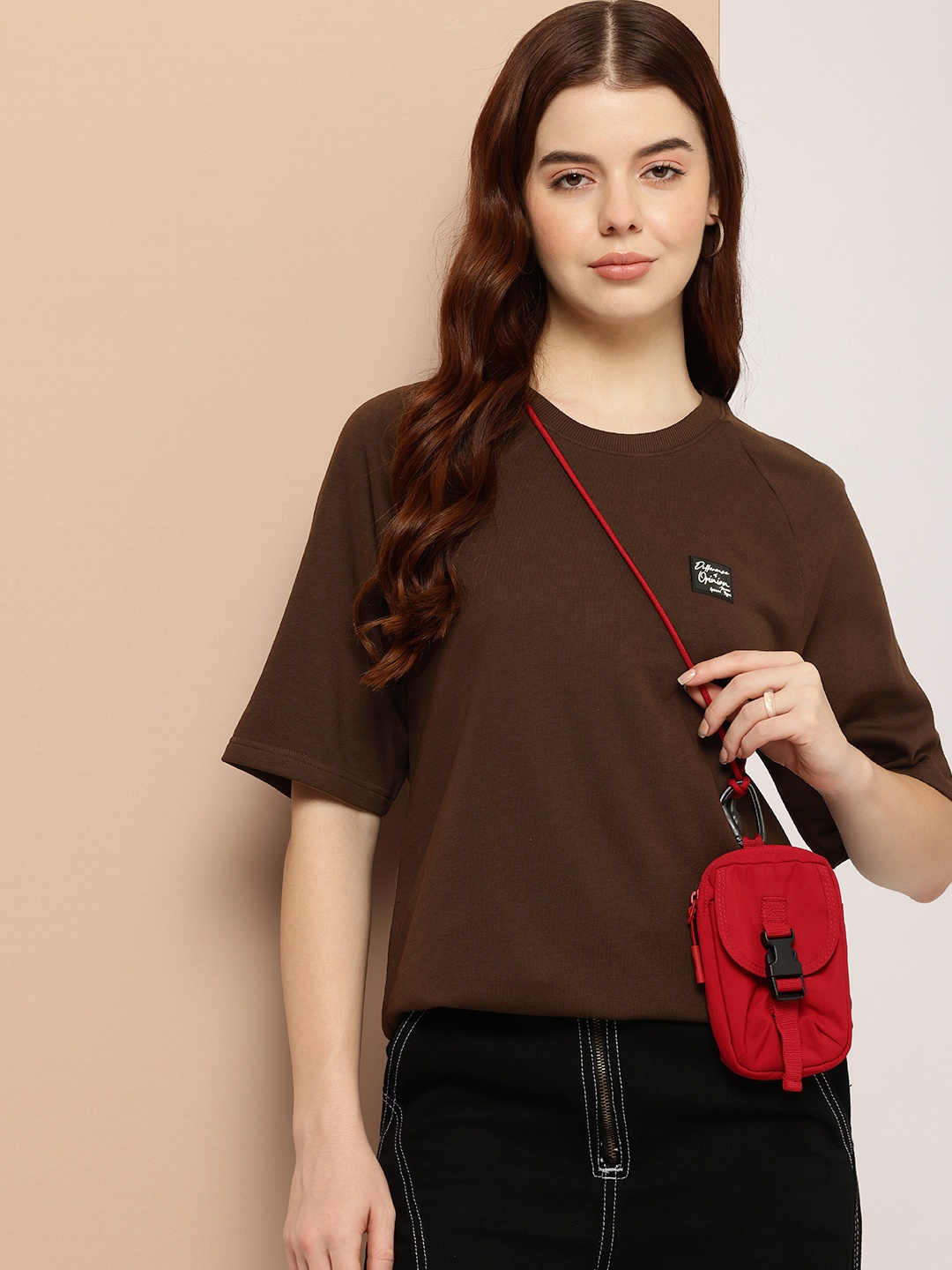 

Difference of Opinion Women Solid Ultra Soft Drapey Cotton Raglan T-Shirt, Brown