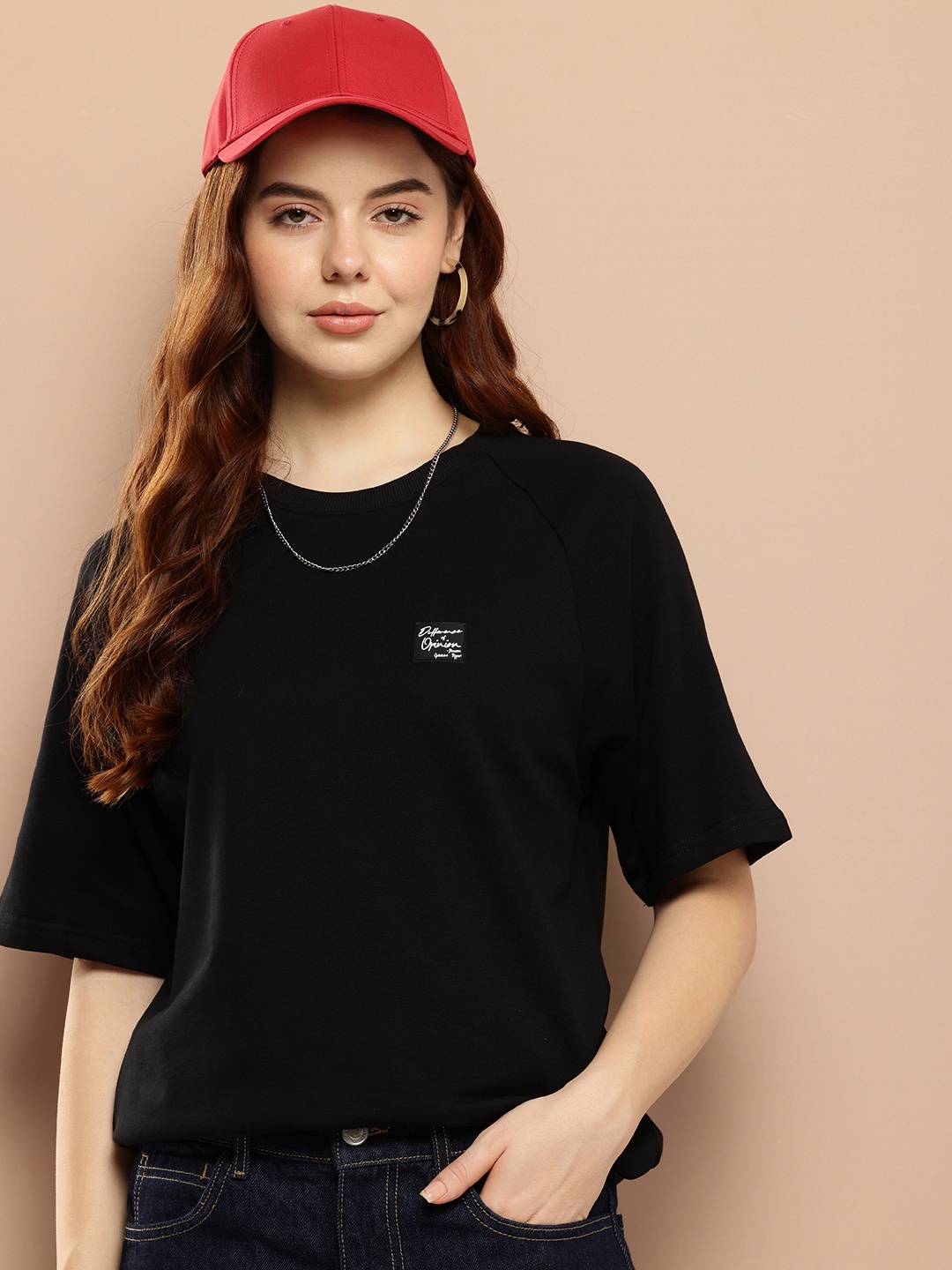 

Difference of Opinion Women Solid Ultra Soft Drapey Cotton Raglan T-Shirt, Black