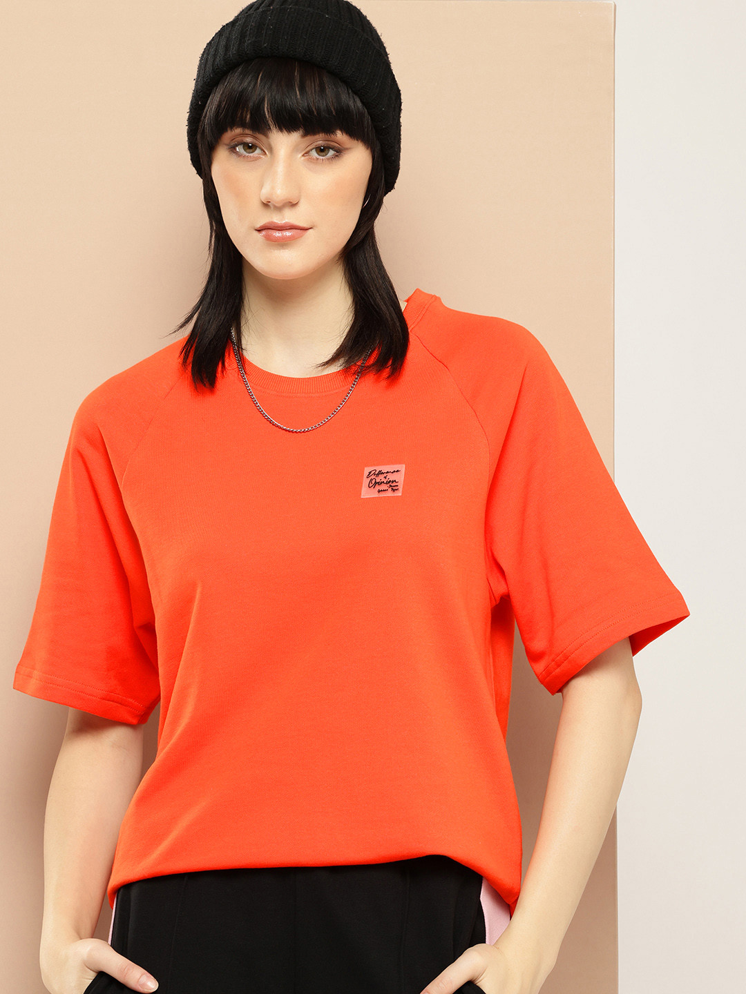 

Difference of Opinion Women Solid Ultra Soft Drapey Cotton Raglan T-Shirt, Orange