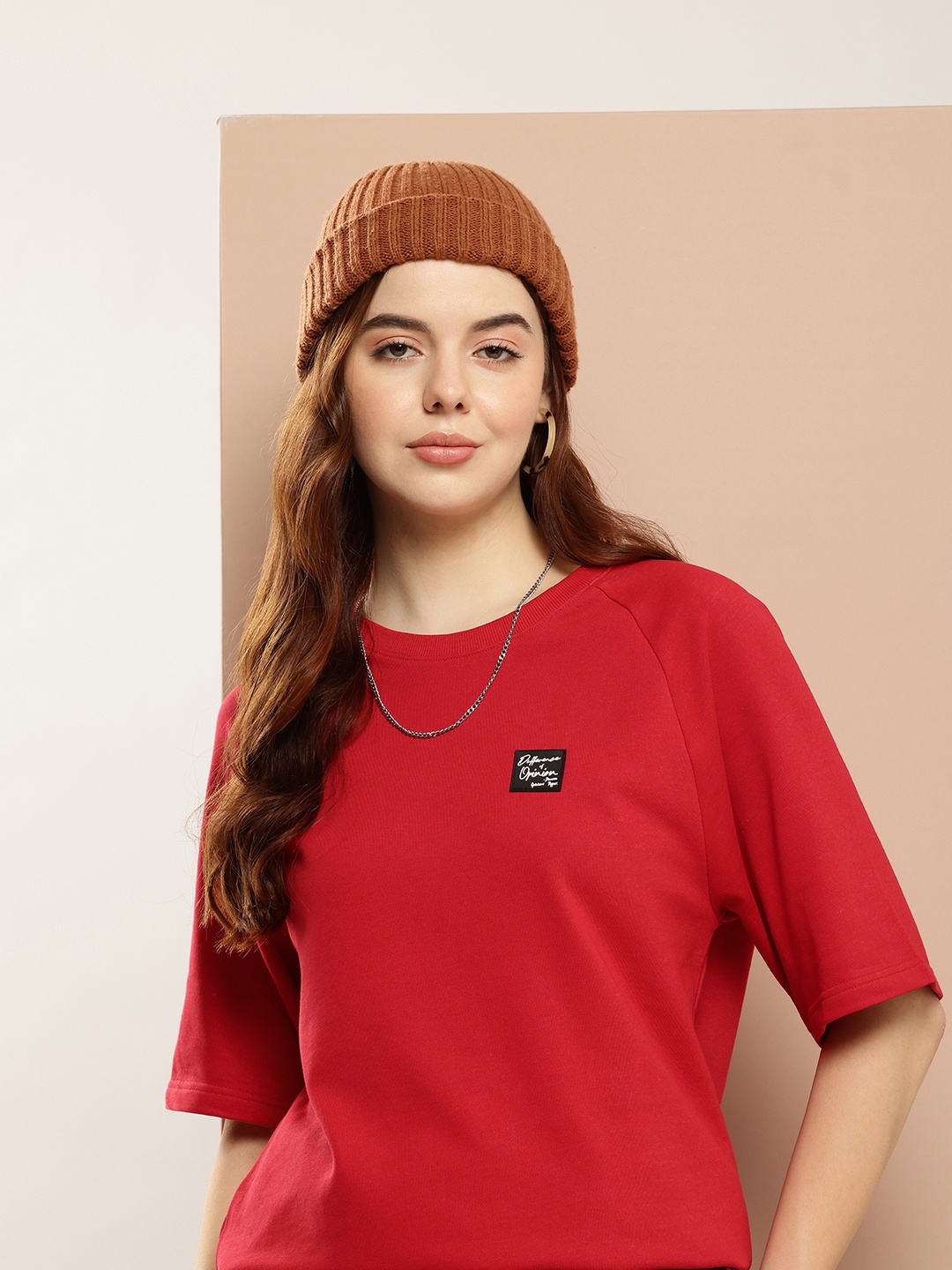 

Difference of Opinion Women Solid Ultra Soft Drapey Cotton Raglan T-Shirt, Red