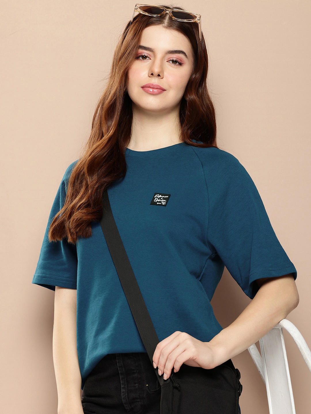 

Difference of Opinion Women Solid Ultra Soft Drapey Cotton Raglan T-Shirt, Blue
