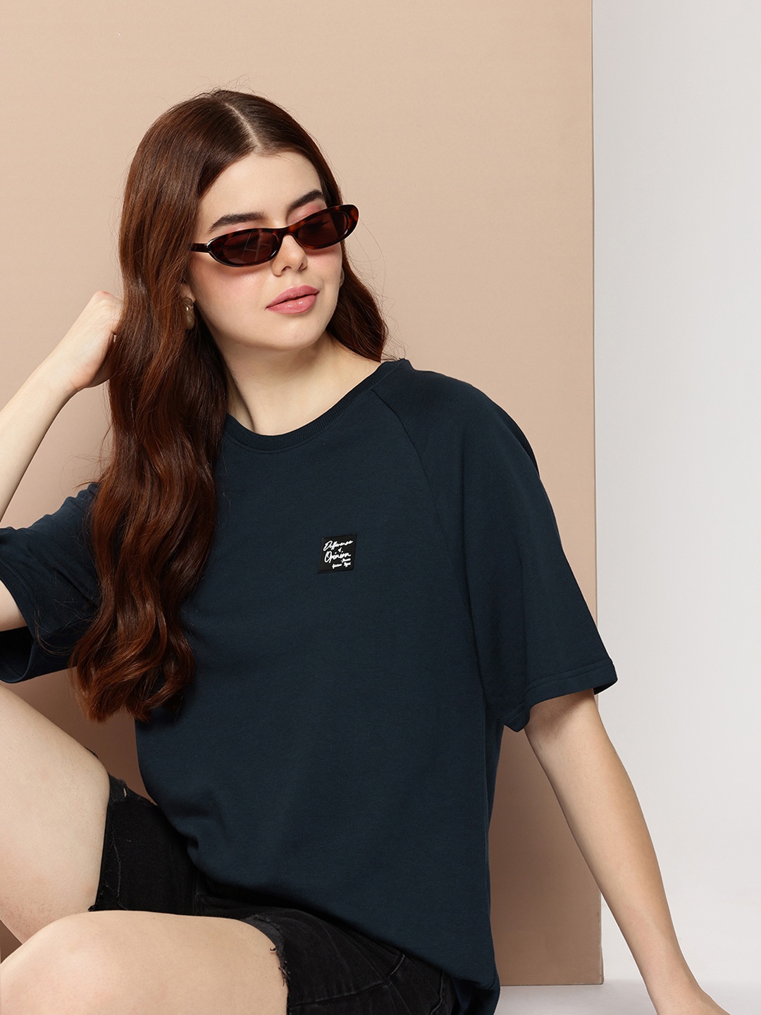 

Difference of Opinion Women Solid Ultra Soft Drapey Cotton Raglan T-Shirt, Navy blue