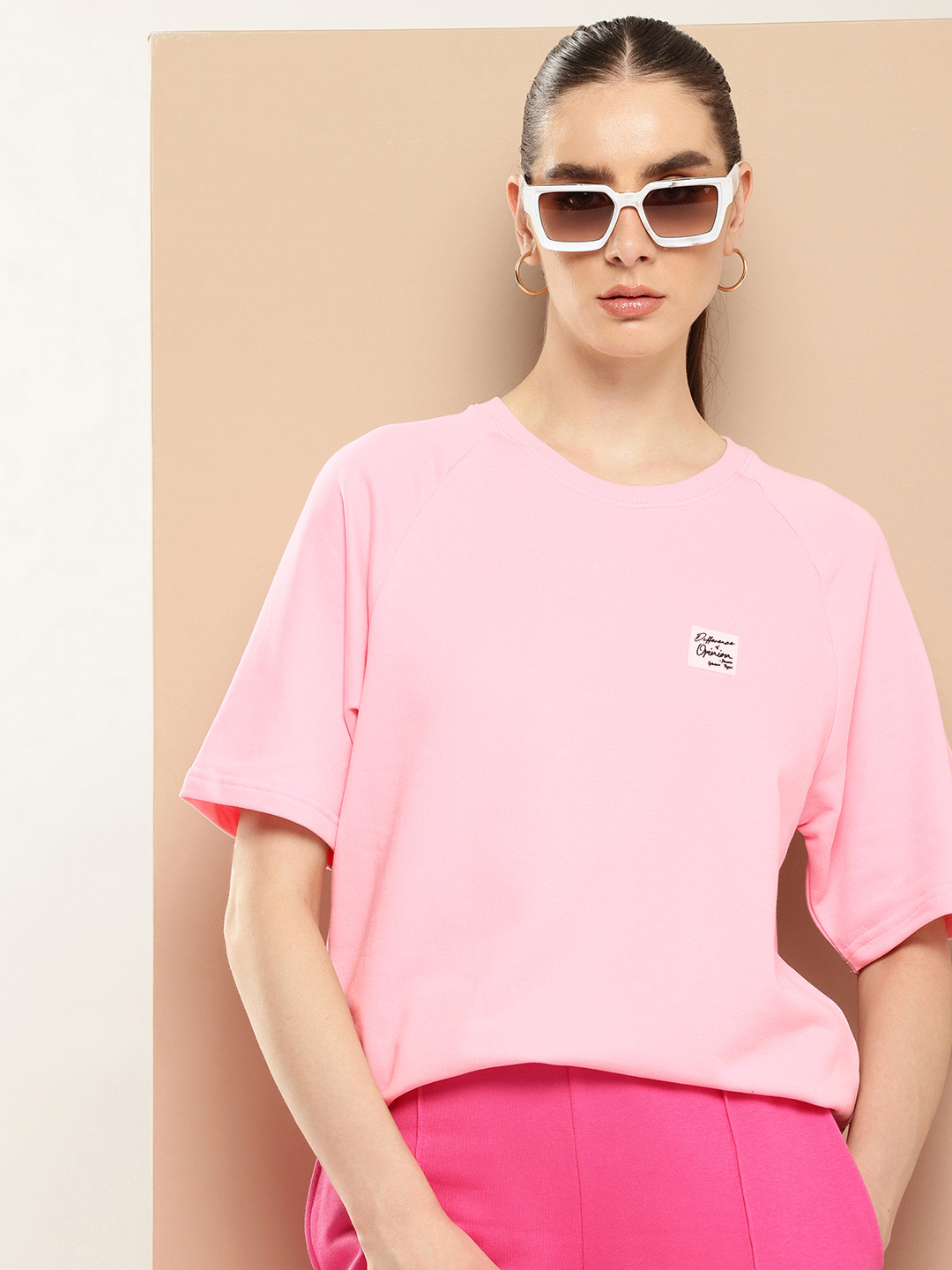 

Difference of Opinion Women Solid Ultra Soft Drapey Cotton Raglan T-Shirt, Pink