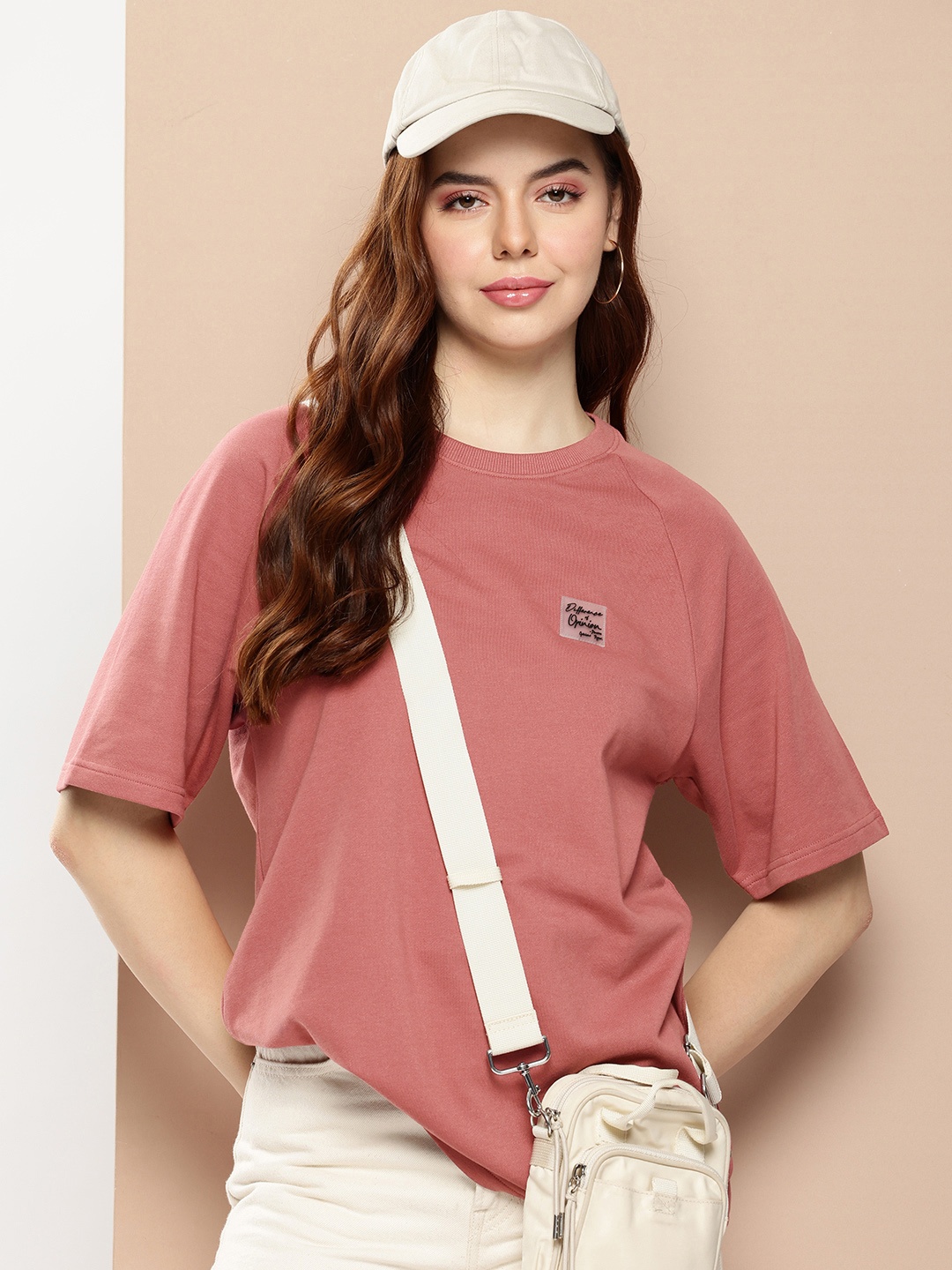

Difference of Opinion Women Solid Ultra Soft Drapey Cotton Raglan T-Shirt, Mauve