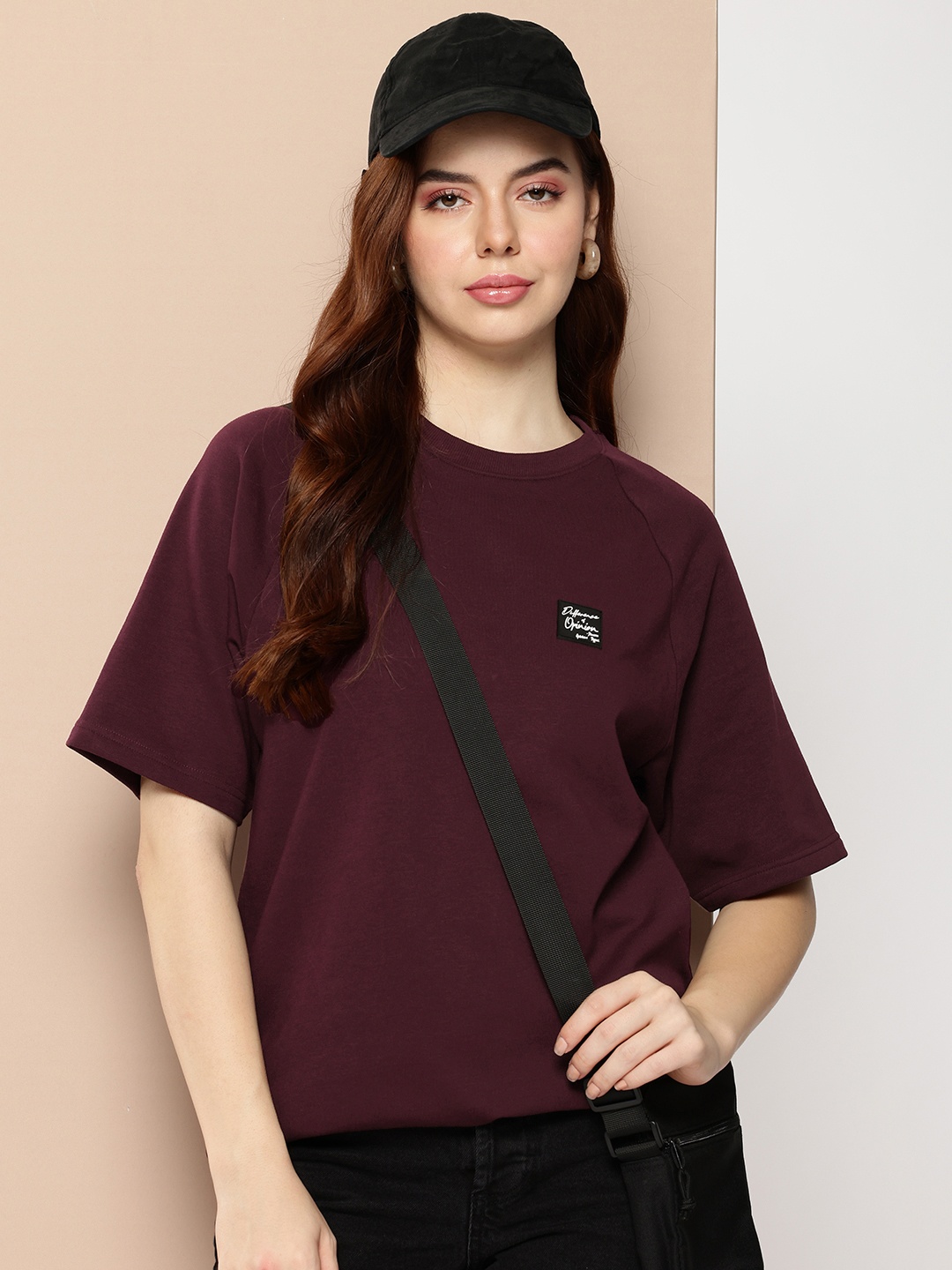 

Difference of Opinion Women Solid Ultra Soft Drapey Cotton Raglan T-Shirt, Burgundy