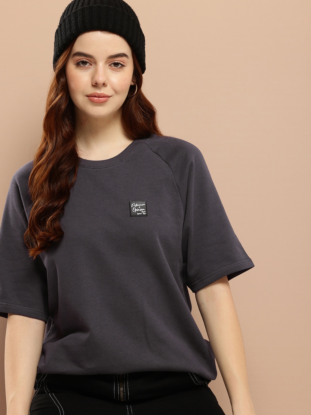 

Difference of Opinion Women Solid Ultra Soft Drapey Cotton Raglan T-Shirt, Grey