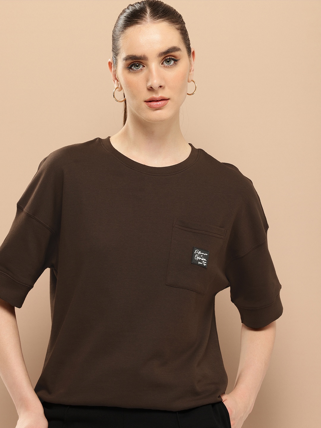 

Difference of Opinion Women Oversized Drop Shoulder Ultra Soft Drapey Cotton T-Shirt, Brown