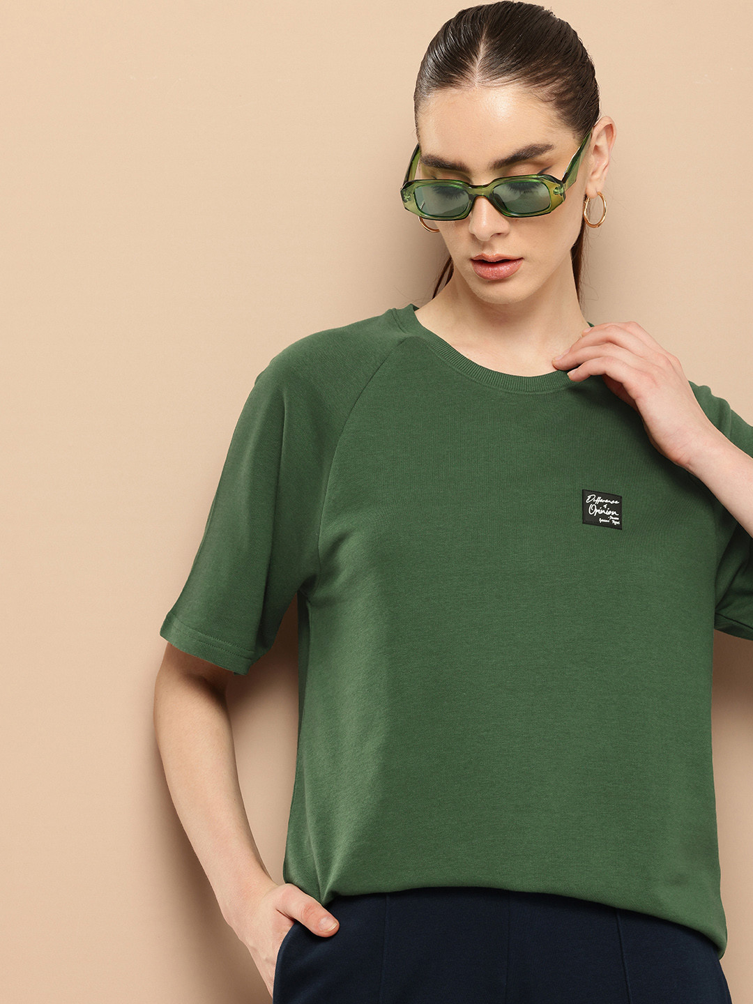 

Difference of Opinion Women Solid Ultra Soft Drapey Cotton Raglan T-Shirt, Green