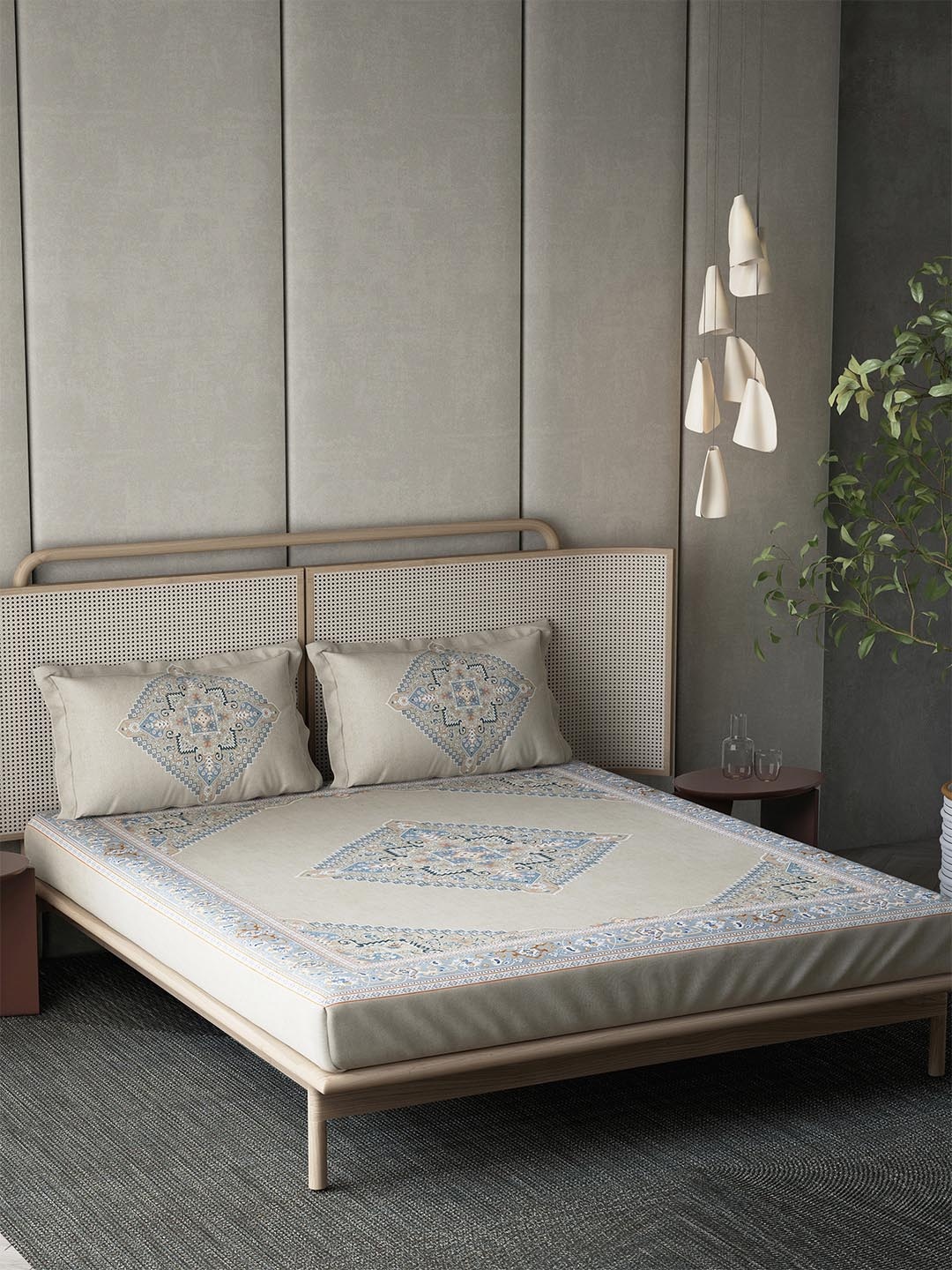

DDecor Serai Collection Beige & Blue 144 TC Pure Cotton King Bedsheet with 2 Pillow Covers
