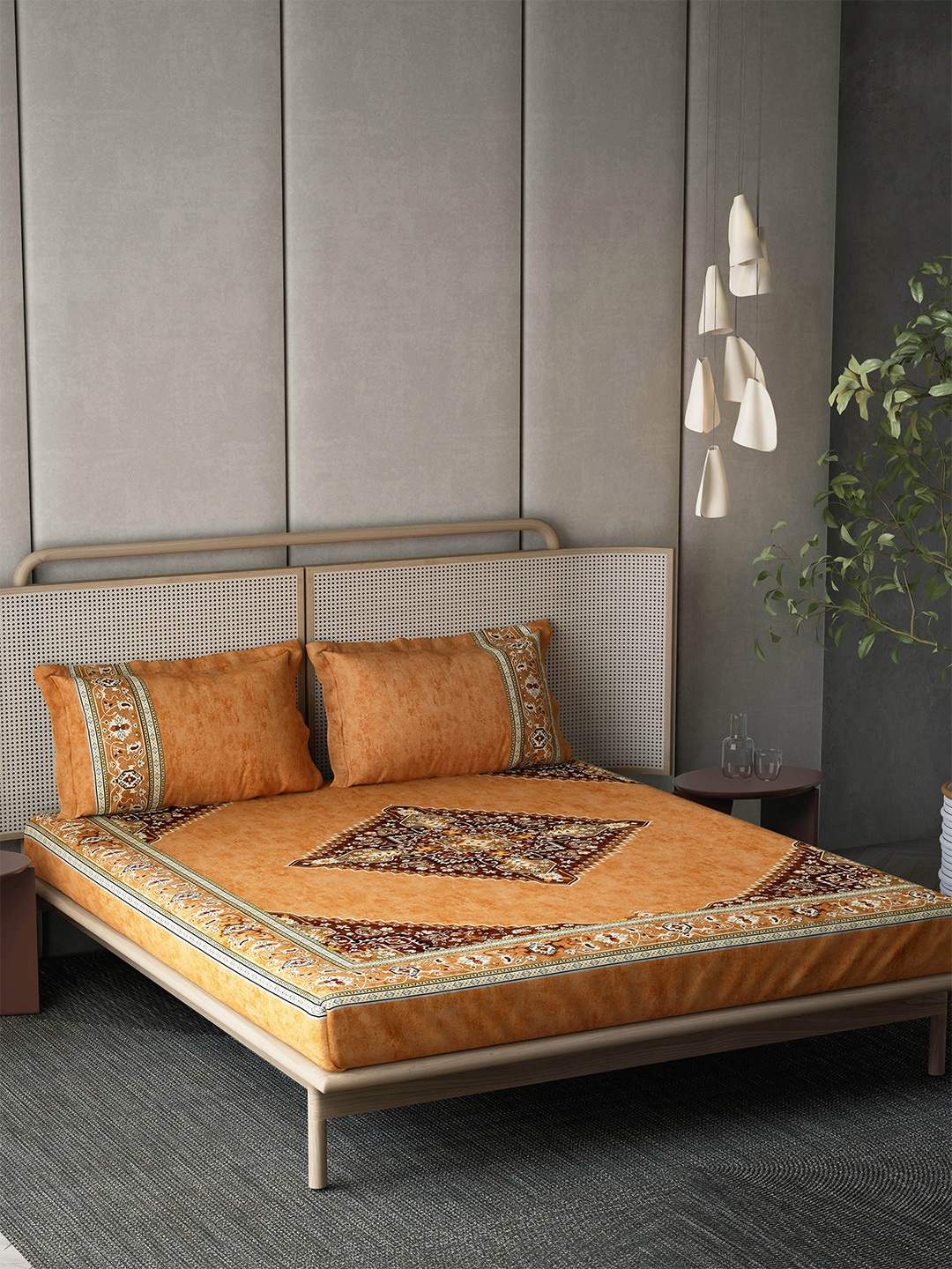 DDecor Serai Collection Orange & Cream-Coloured 144TC Pure Cotton King Bedsheet Set