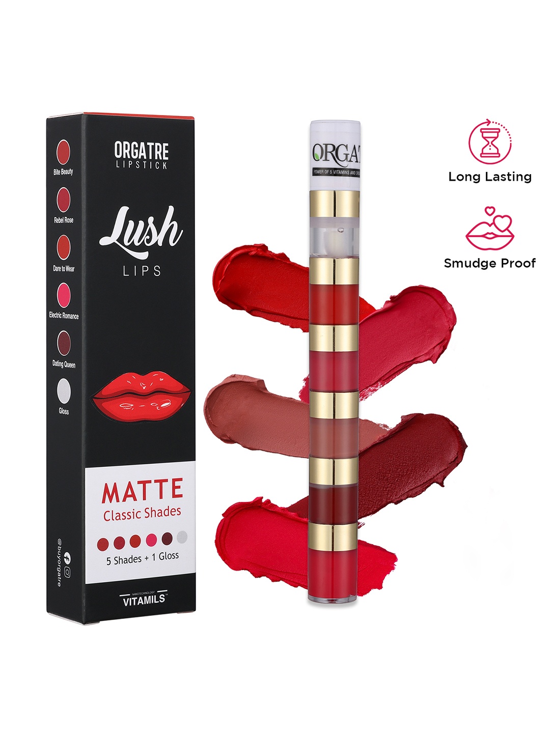 

Orgatre Lush Lips 5-in-1 Waterproof Matte Lipstick with Jojoba 9 ml - Classics Shades, Multi