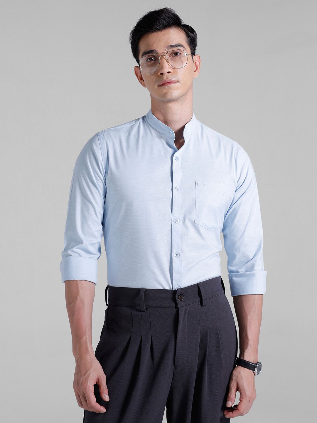 

INVICTUS Signature Slim Fit Band Collar Formal Shirt, Blue