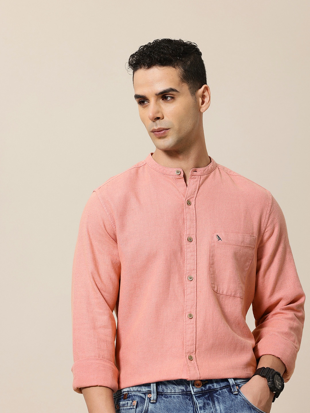 

Mr Bowerbird Men Standard Pure Linen Semiformal Shirt, Pink