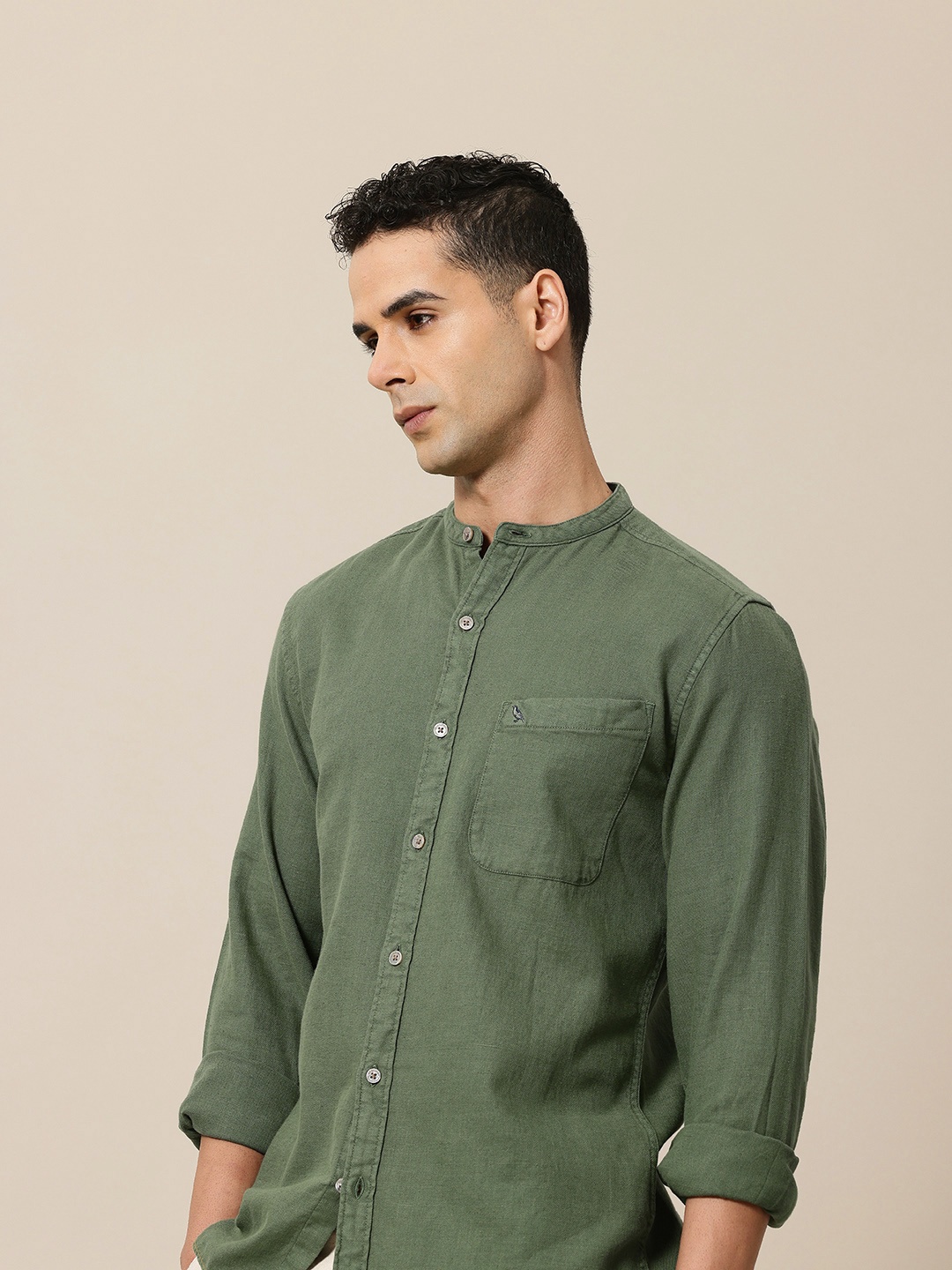 

Mr Bowerbird Men Standard Pure Linen Semiformal Shirt, Green