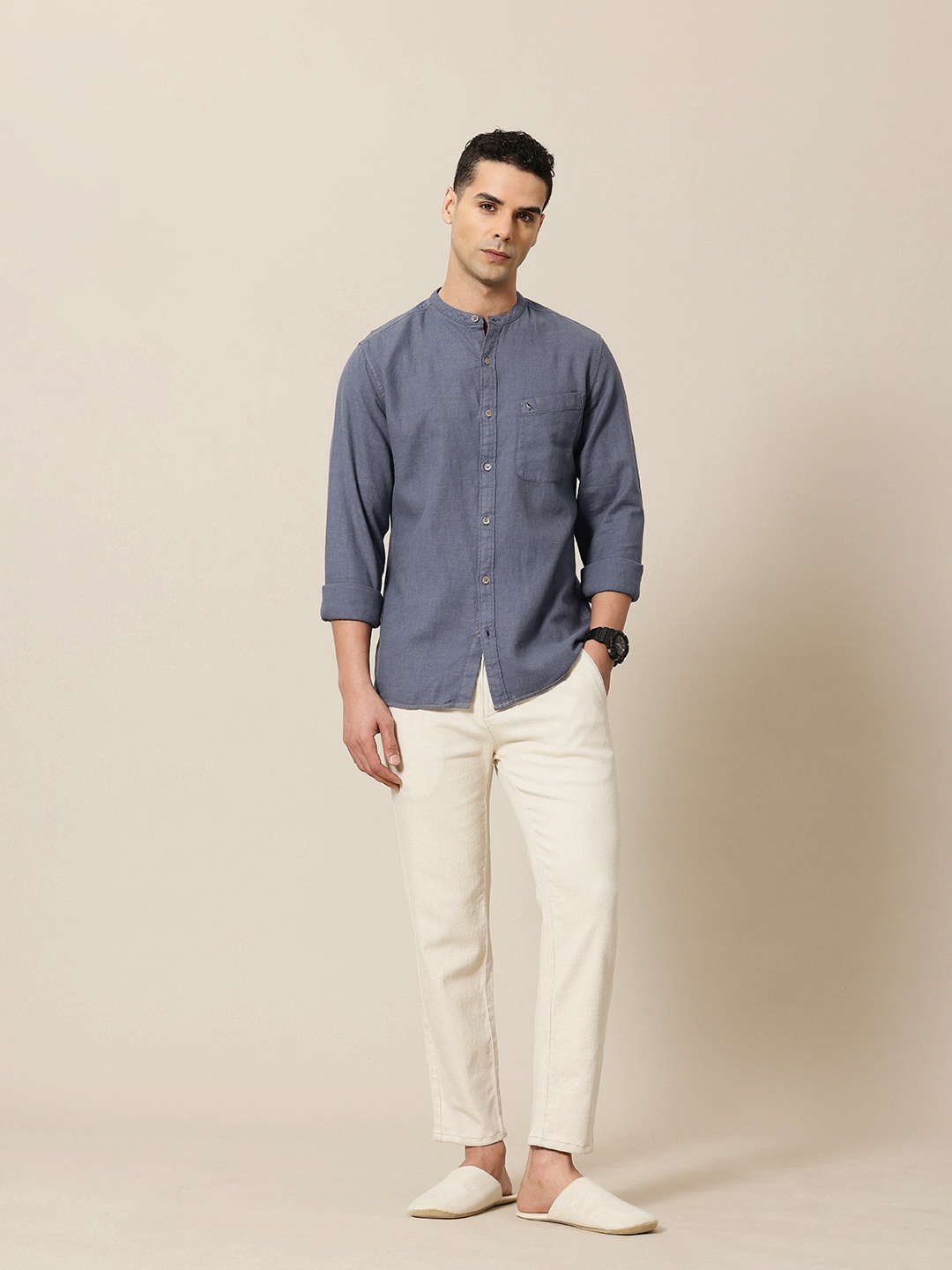 

Mr Bowerbird Men Standard Pure Linen Semiformal Shirt, Blue