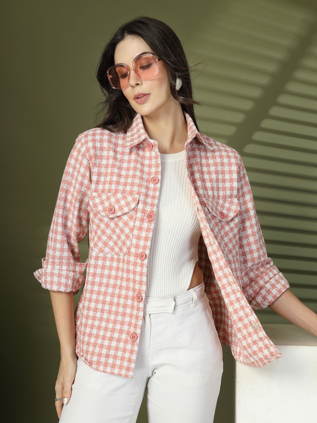 

CHKOKKO Checked Spread Collar Single Breasted Shacket Coats, Pink