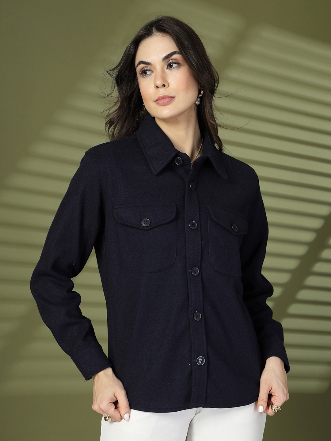 

CHKOKKO Solid Spread Collar Single Breasted Shacket Coats, Navy blue