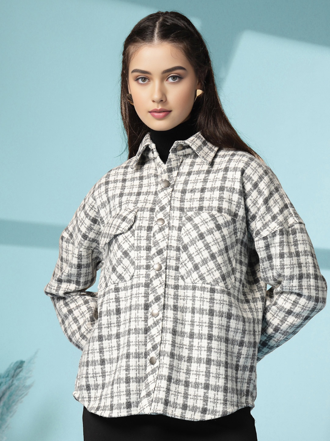 

CHKOKKO Women Checked Casual Shacket Shirt, White