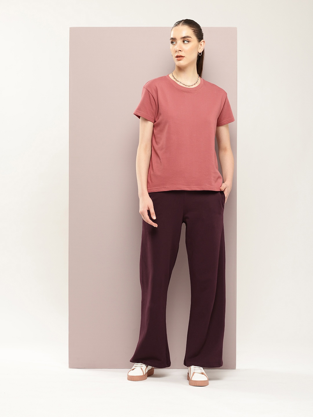 DILLINGER Women Oversized Drop Shoulder Ultra Soft Drapey Cotton Crew Co-Ords Set, Mauve