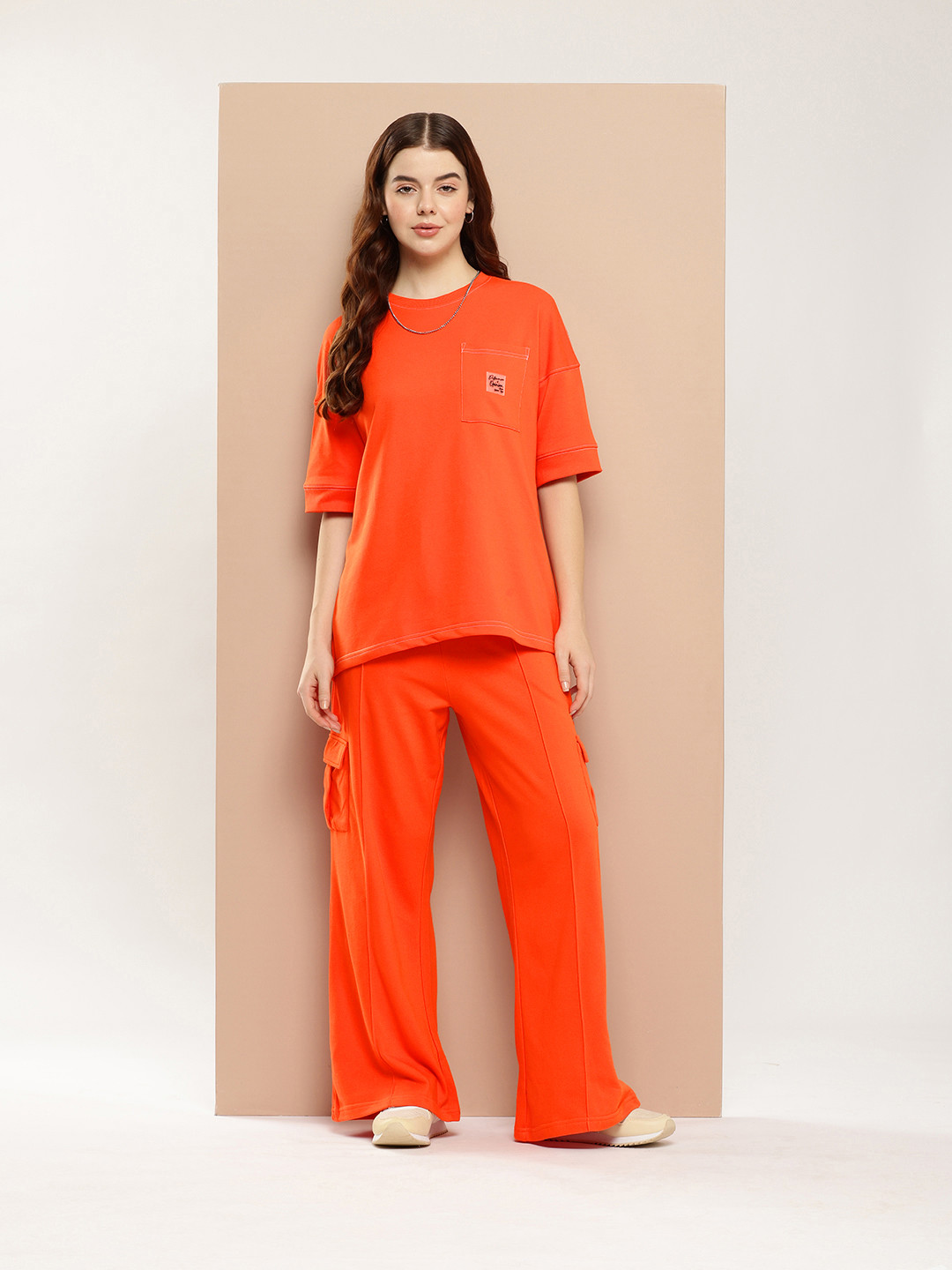 

Difference of Opinion Women Oversized Drop Shoulder Ultra Soft Drapey Cotton Co-Ords Set, Orange