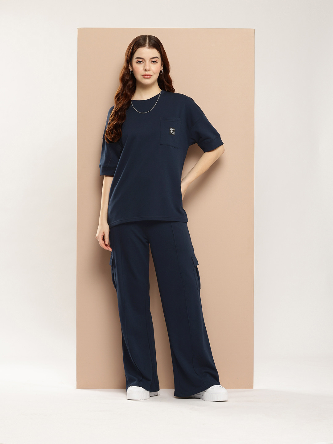

Difference of Opinion Women Oversized Drop Shoulder Ultra Soft Drapey Cotton Co-Ords Set, Navy blue