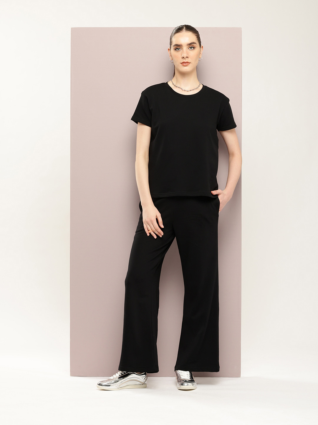 

DILLINGER Women Oversized Drop Shoulder Ultra Soft Drapey Cotton Crew Co-Ords Set, Black