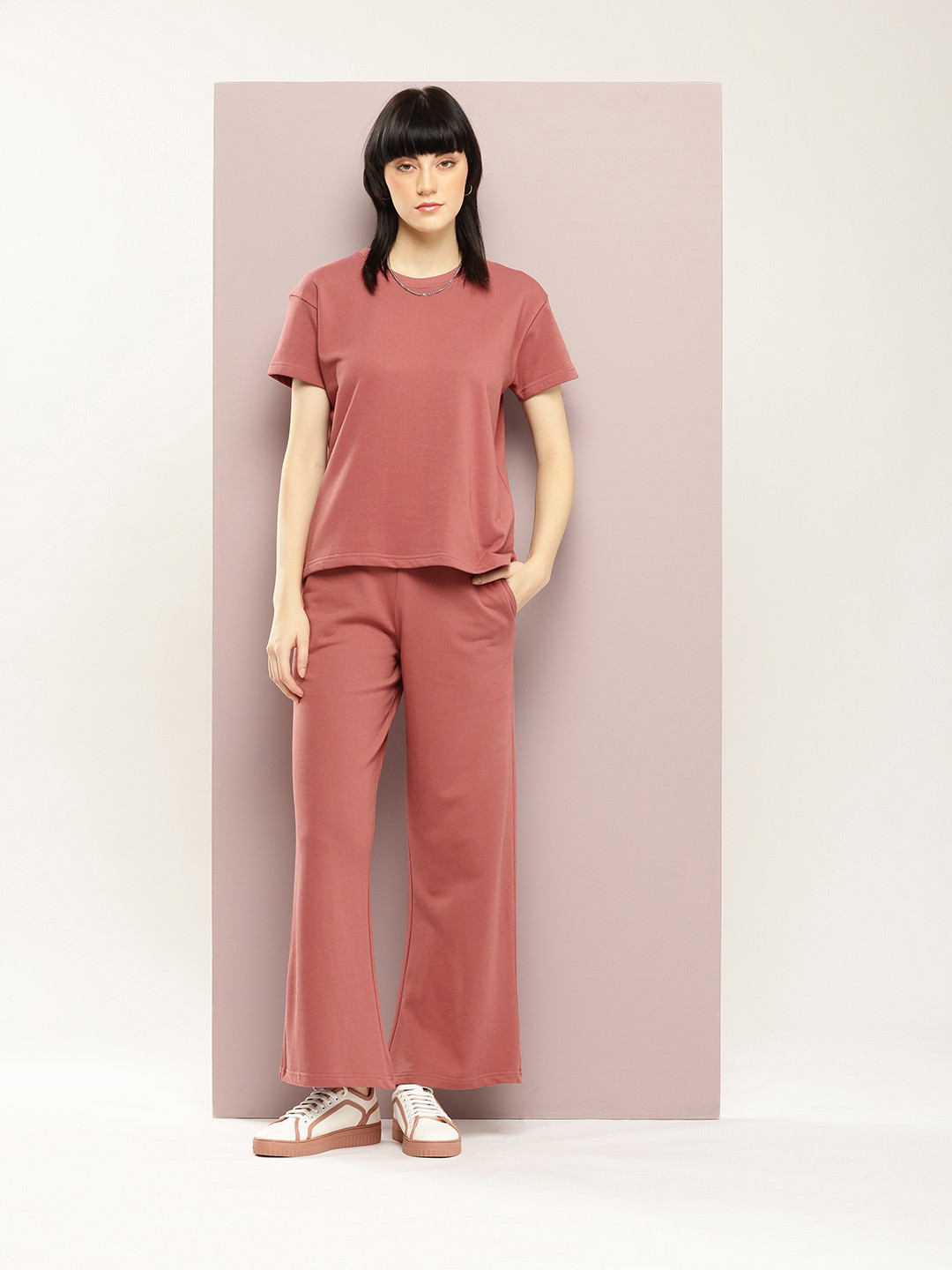 

DILLINGER Women Oversized Drop Shoulder Ultra Soft Drapey Cotton Crew Co-Ords Set, Mauve
