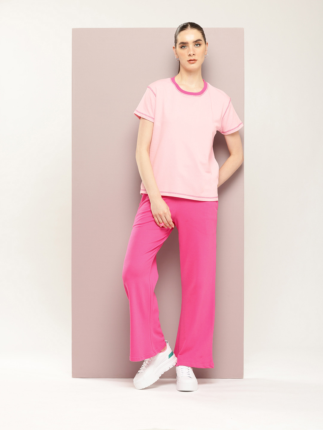 

DILLINGER Women Oversized Drop Shoulder Ultra Soft Drapey Cotton Crew Co-Ords Set, Pink