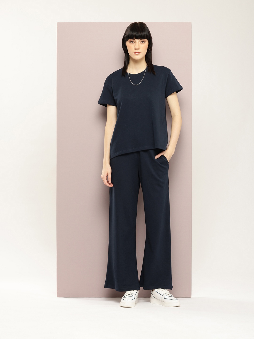 

DILLINGER Women Oversized Drop Shoulder Ultra Soft Drapey Cotton Crew Co-Ords Set, Navy blue
