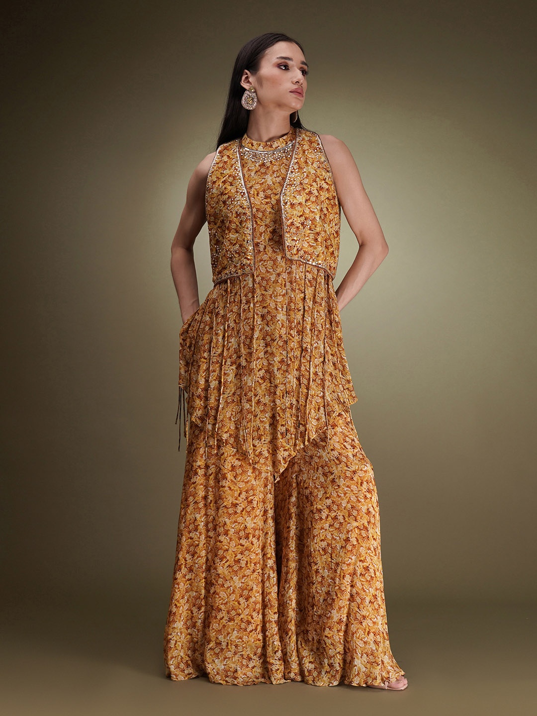 

Breathe by Aakanksha Singh Floral Printed Silk Georgette A-Line Kurta With Sharara, Mustard