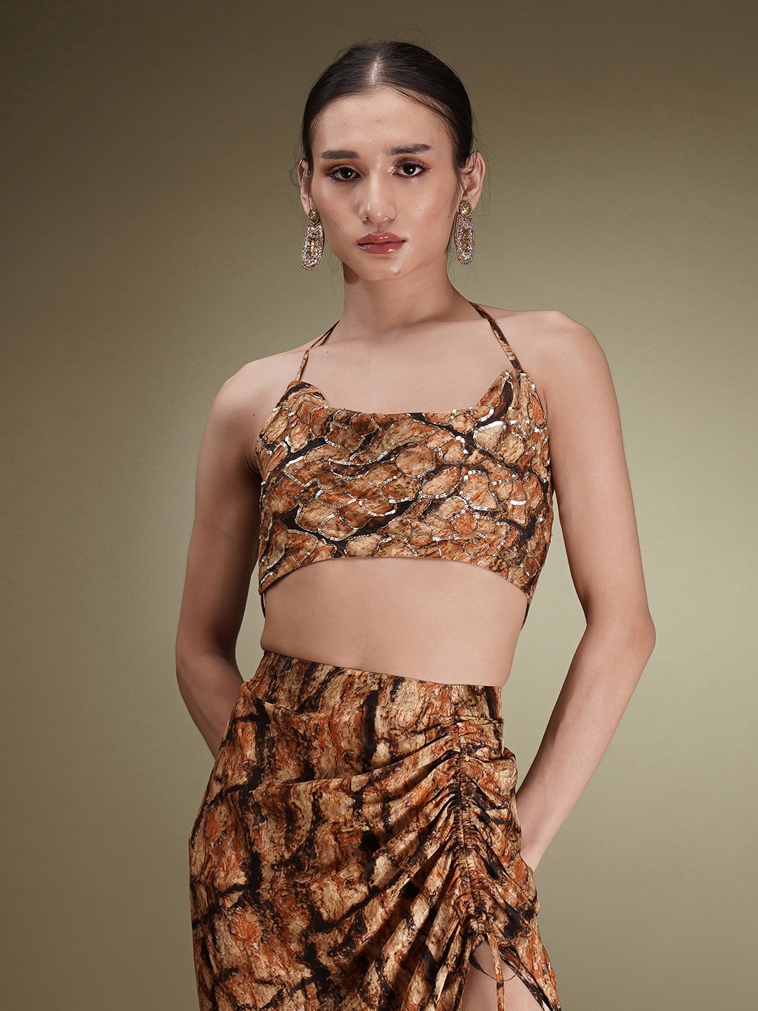

Breathe by Aakanksha Singh Sequin Embroidered Crop Top With Skirt Co-Ords, Gold