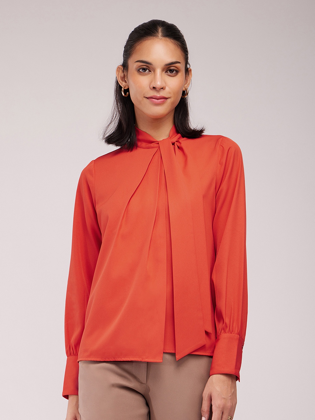 

FableStreet Women Solid Opaque Woven Top, Orange