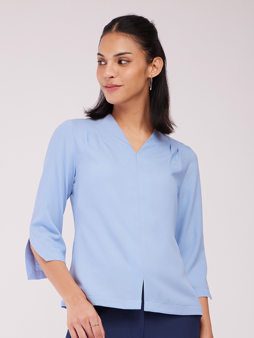 

FableStreet Women Solid Opaque Woven Top, Blue