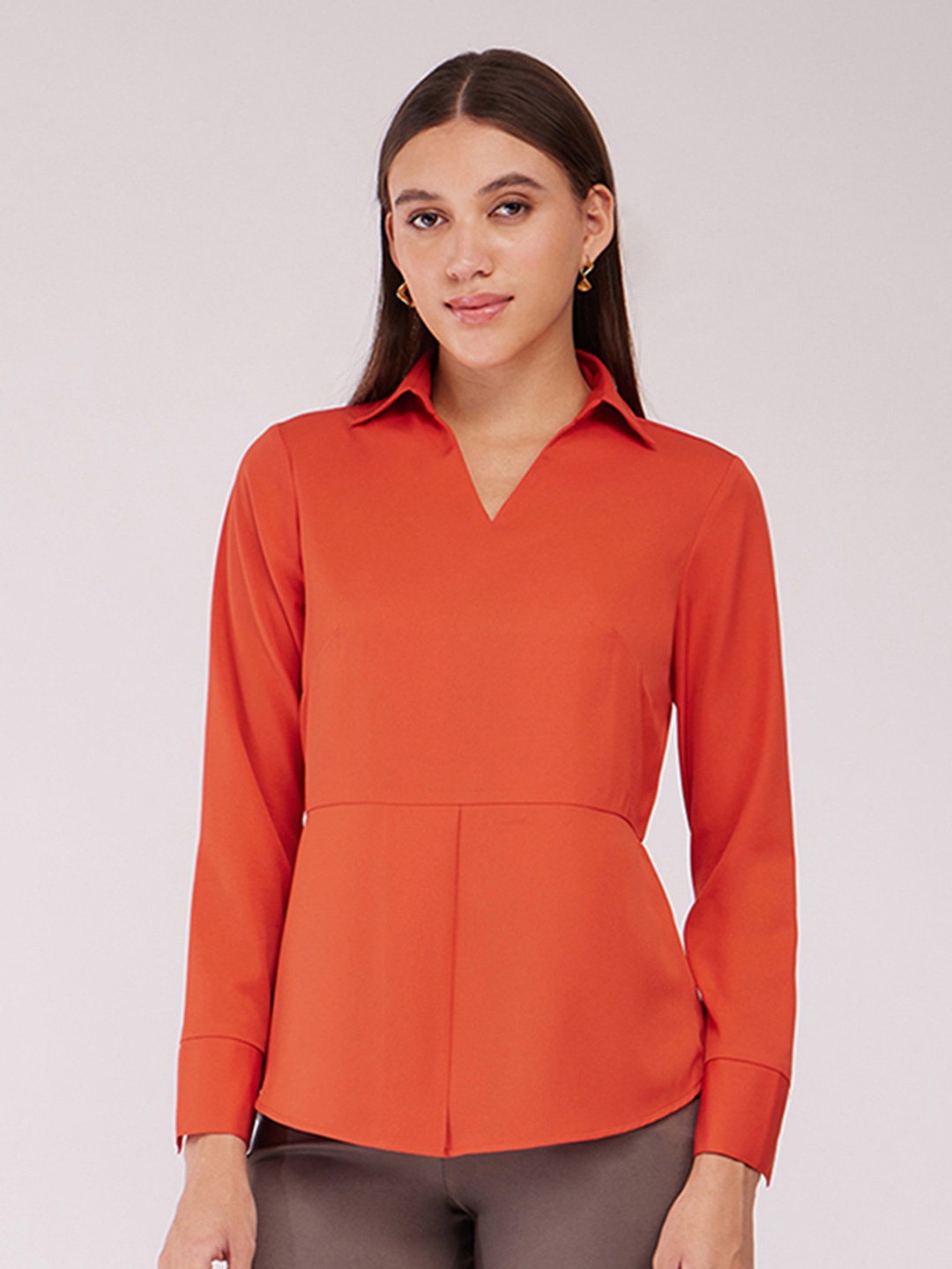 

FableStreet Women Solid Shirt Collar Shirt Style Top, Orange