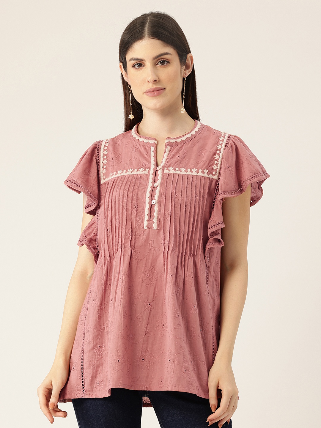 

MISRI Floral Embroidered Mandarin Collar Flutter Sleeves Cotton Longline Top, Pink