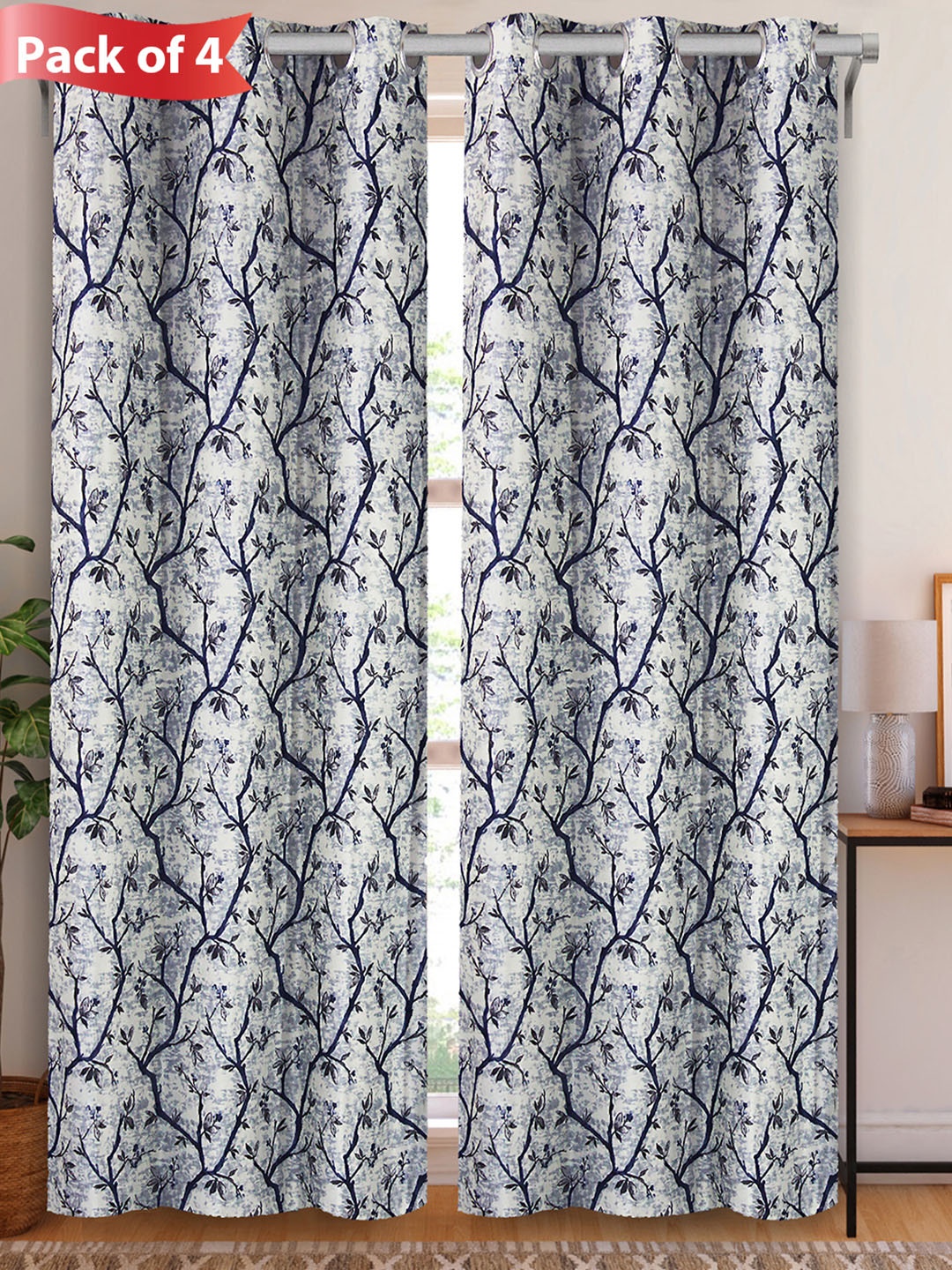 

Aura Blue & White 4 Pieces Floral Long Door Curtains