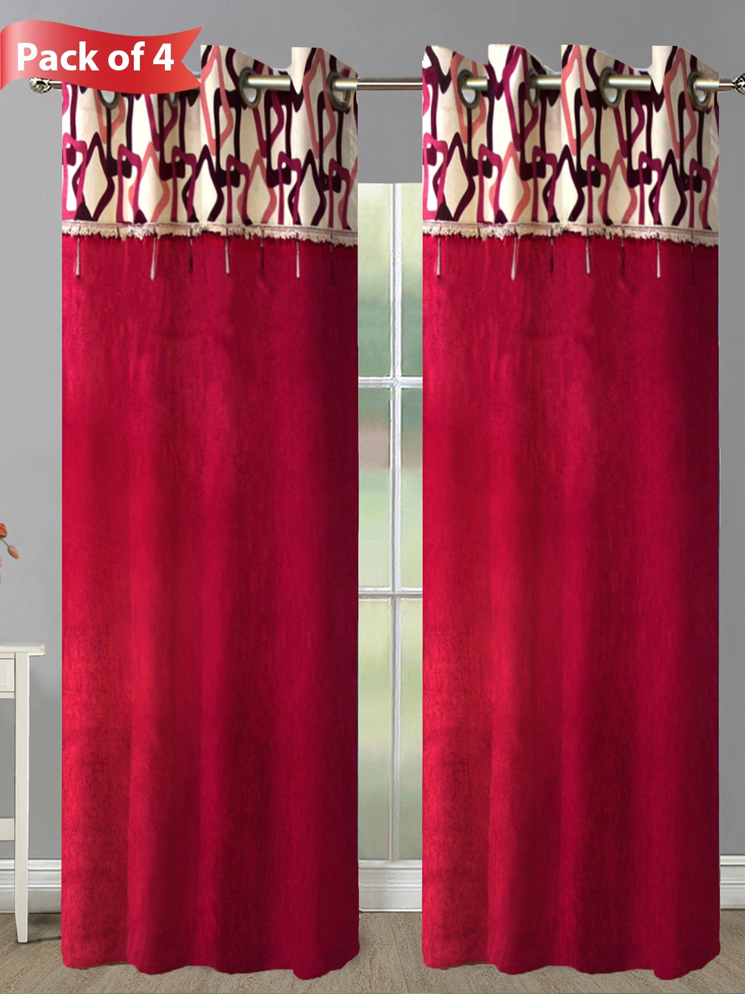 

Aura Maroon & Beige 4 Pieces Geometric Room Darkening Door Curtains