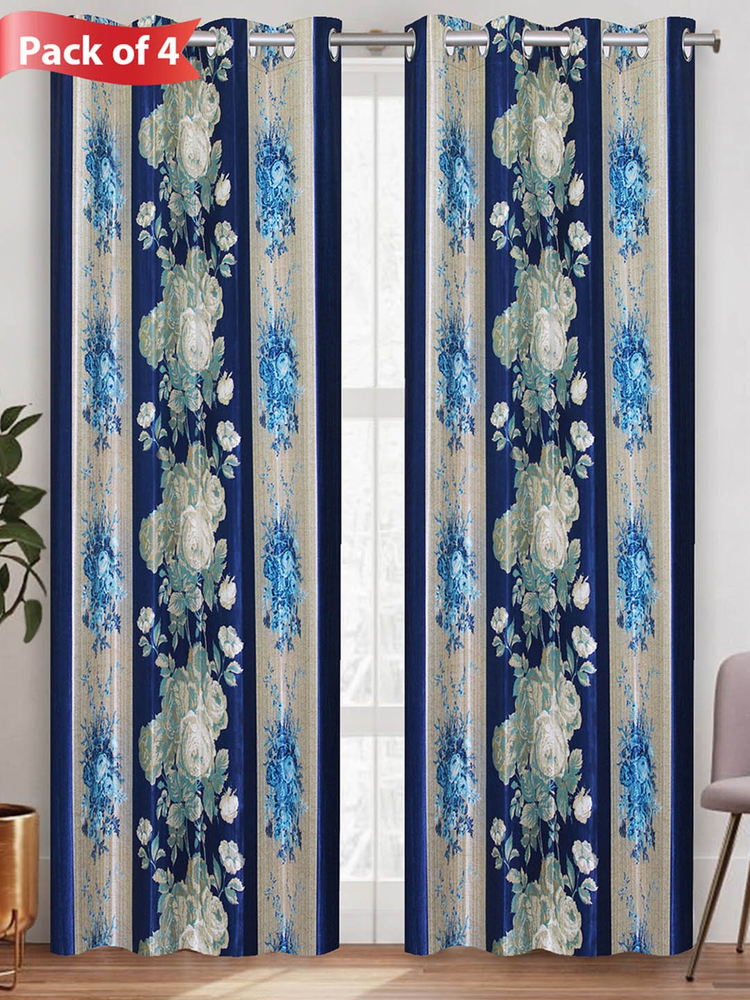 Aura Blue & Beige 4 Pieces Floral Printed Regular Door Curtains