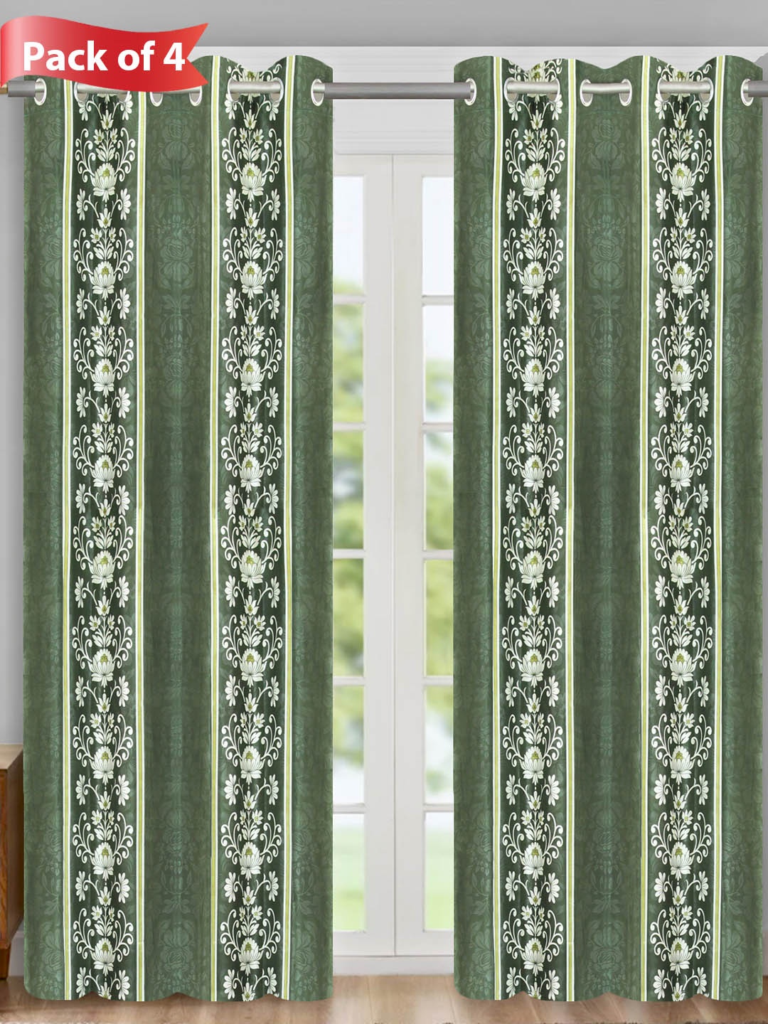 Aura Green & White 4 Pieces Floral Room Darkening Door Curtains