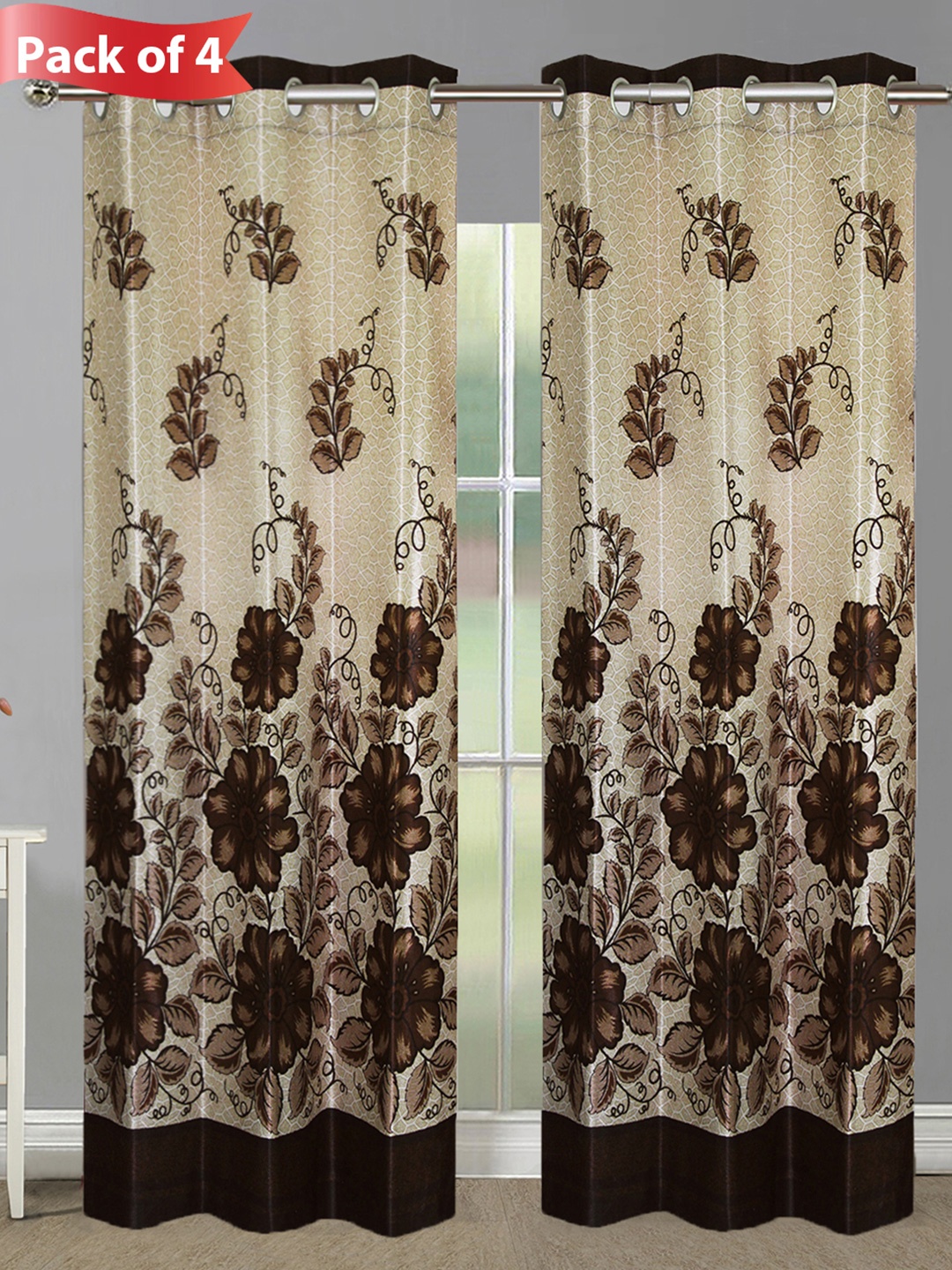 

Aura Brown & Cream-Coloured 4 Pieces Floral Door Curtains