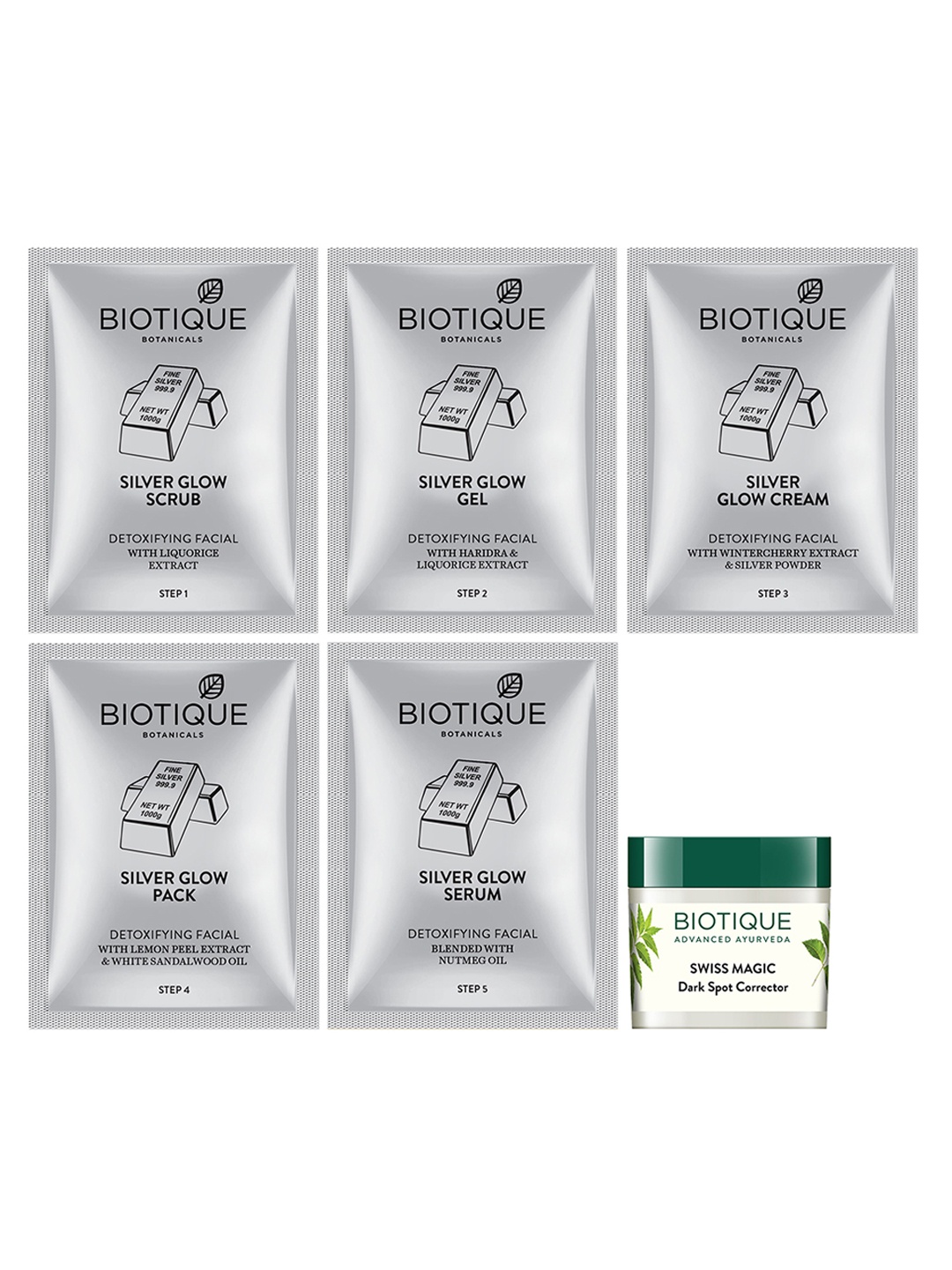 

Biotique Silver Clear Bright Skin Facial Kit - 5x10g with Dark Spot Corrector - 15g