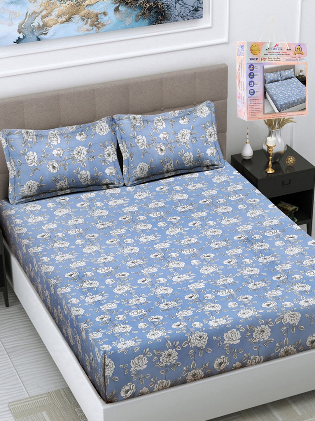 

FABINALIV Blue & White Floral 300 TC King Bedsheet With 2 Pillow Covers