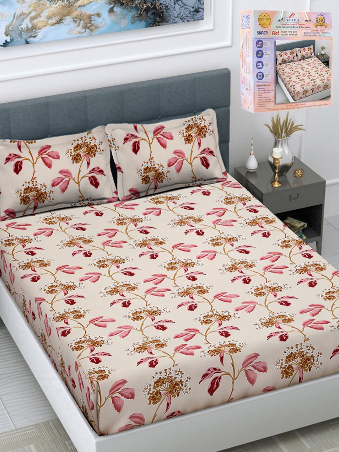 

FABINALIV Beige & Brown Floral 300 TC King Bedsheet With 2 Pillow Covers