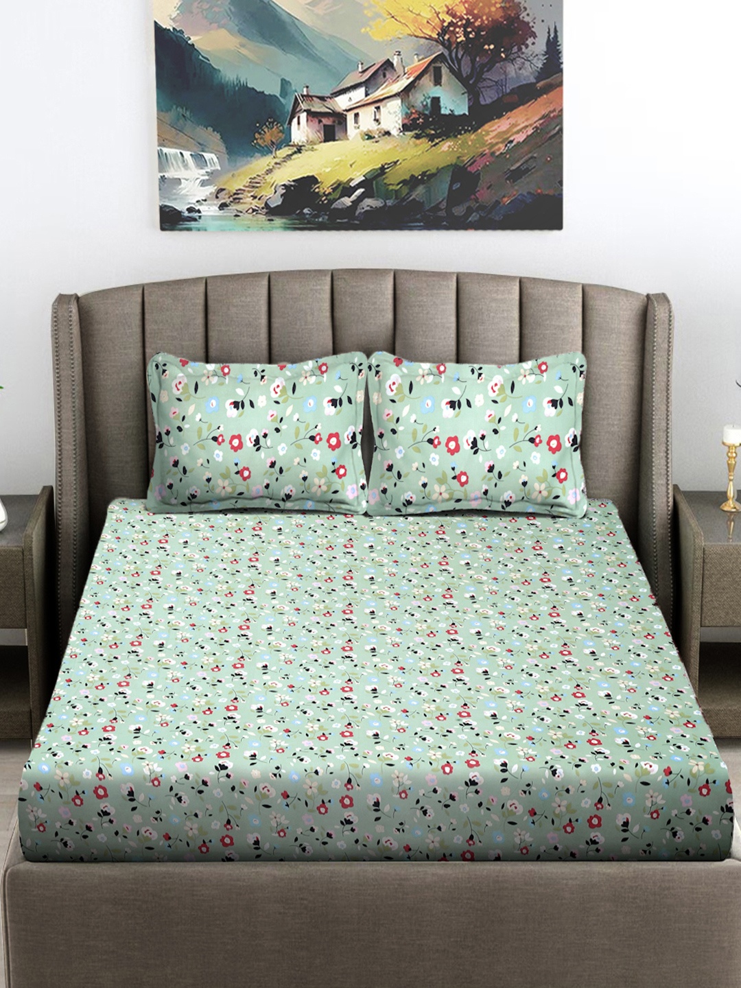 

FABINALIV Pink & Green Floral 300 TC King Bedsheet With 2 Pillow Covers