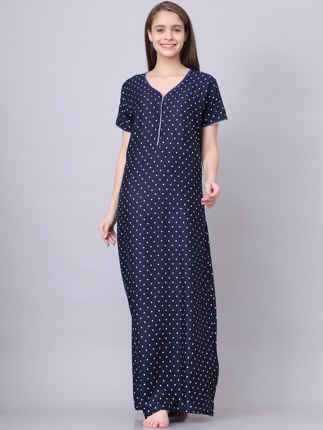 

Aartej Printed Polka Dots Maxi Nightdress, Navy blue